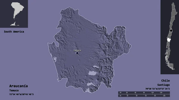 Form Araucania Regionen Chile Och Dess Huvudstad Avståndsskala Förhandsvisningar Och — Stockfoto