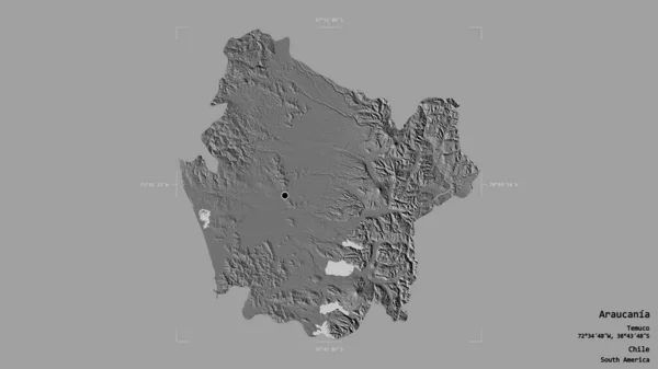 チリの地域であるアラウカニアの地域は 洗練された境界の箱の中の強固な背景に隔離されています ラベル 標高マップ 3Dレンダリング — ストック写真