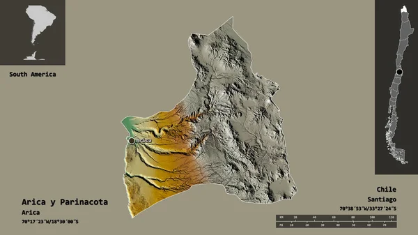 Arica Parinacotaの形 チリの地域 そしてその首都 距離スケール プレビューおよびラベル 地形図 3Dレンダリング — ストック写真