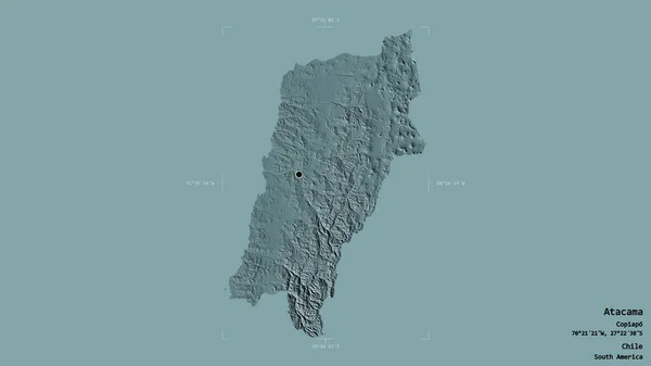 チリの地域であるアタカマの地域は 洗練された境界の箱の中の強固な背景に隔離されています ラベル 色の標高マップ 3Dレンダリング — ストック写真