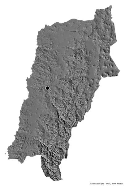 チリの地域であるアタカマの形で その首都は白い背景に孤立しています 標高マップ 3Dレンダリング — ストック写真