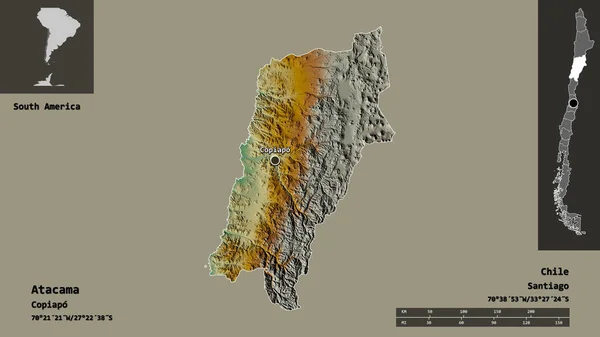 アタカマの形 チリの地域 距離スケール プレビューおよびラベル 地形図 3Dレンダリング — ストック写真