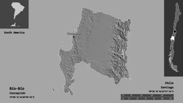 智利Bio Bio地区的形状及其首都 距离刻度 预览和标签 Bilevel高程图 3D渲染 — 图库照片