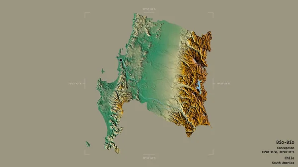 智利Bio Bio地区 在一个地理参照框的坚实背景上被隔离 地形浮雕图 3D渲染 — 图库照片