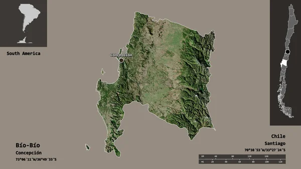 生命体の形 チリの地域 そしてその首都 距離スケール プレビューおよびラベル 衛星画像 3Dレンダリング — ストック写真