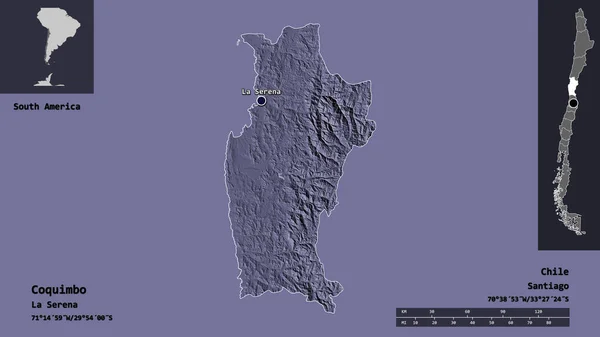 コキンボの形 チリの地域 およびその首都 距離スケール プレビューおよびラベル 色の標高マップ 3Dレンダリング — ストック写真