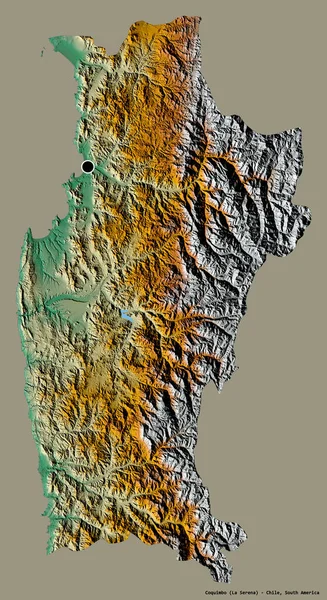 科基姆博形状 智利地区 其首都隔离在一个坚实的色彩背景 地形浮雕图 3D渲染 — 图库照片