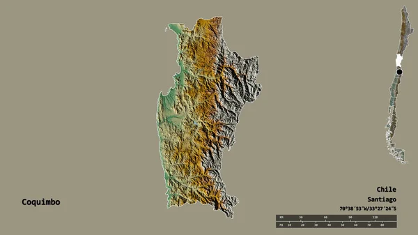 チリの地方 コキンボの形で その首都はしっかりとした背景に隔離されています 距離スケール リージョンプレビュー およびラベル 地形図 3Dレンダリング — ストック写真