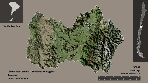 リベルタドール将軍の形ベルナルド オヒギンズ チリの地域 およびその首都 距離スケール プレビューおよびラベル 衛星画像 3Dレンダリング — ストック写真