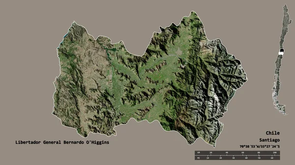 リベルタドールの形チリの地域であるベルナルド オヒギンズ将軍は その首都をしっかりとした背景に孤立させています 距離スケール リージョンプレビュー およびラベル 衛星画像 3Dレンダリング — ストック写真