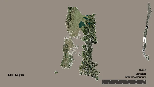 チリの領域であるロス ラゴスの形で その首都はしっかりとした背景に隔離されています 距離スケール リージョンプレビュー およびラベル 衛星画像 3Dレンダリング — ストック写真
