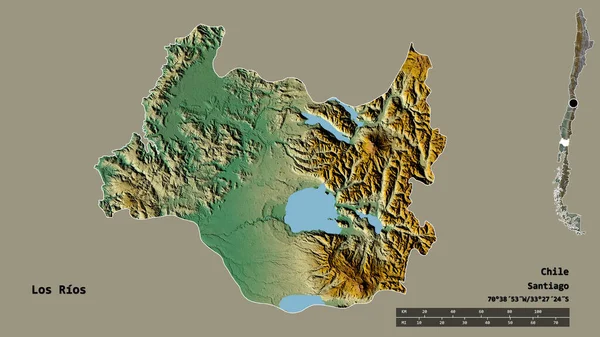 チリの地域であるロス リオスの形で その首都はしっかりとした背景に隔離されています 距離スケール リージョンプレビュー およびラベル 地形図 3Dレンダリング — ストック写真