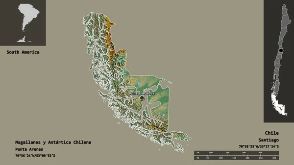 Kształt Magallanes Antartica Chilena Region Chile Jego Stolica Skala Odległości — Zdjęcie stockowe
