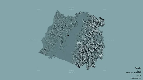 チリの地域であるモーレの地域は 洗練された境界の箱の中の強固な背景に隔離されています ラベル 色の標高マップ 3Dレンダリング — ストック写真