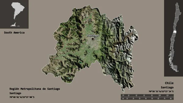 智利圣地亚哥都会区的形状及其首都 距离刻度 预览和标签 卫星图像 3D渲染 — 图库照片