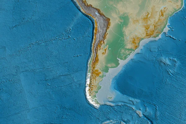 智利幅员辽阔 有国家概况 国际和区域边界 地形浮雕图 3D渲染 — 图库照片