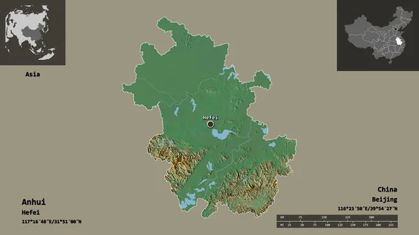 安徽省 中国の州とその首都の形 距離スケール プレビューおよびラベル 地形図 3Dレンダリング — ストック写真