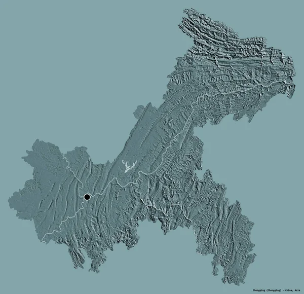 中国重庆市的形状 其首都以纯色背景隔离 彩色高程图 3D渲染 — 图库照片