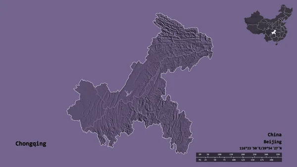 重慶市 中国の自治体の形状は その資本をしっかりとした背景に隔離された 距離スケール リージョンプレビュー およびラベル 色の標高マップ 3Dレンダリング — ストック写真
