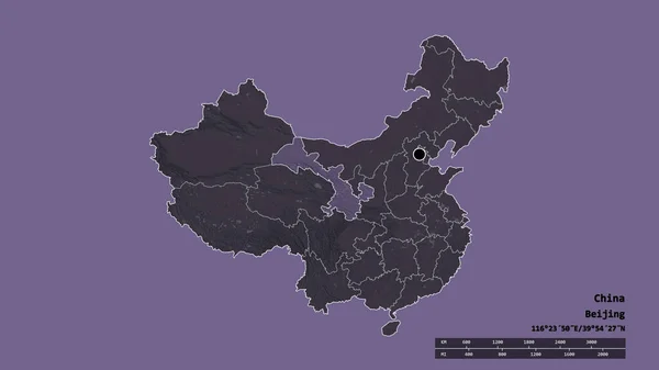 主要な地域部門と分離甘粛省地域と中国の荒廃した形 ラベル 色の標高マップ 3Dレンダリング — ストック写真