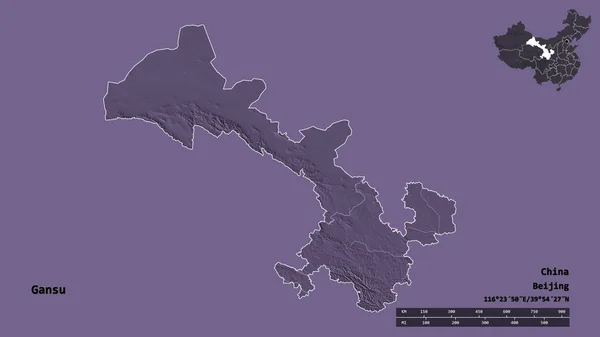 甘肃的形状 中国的省 它的首都孤立的坚实的背景 距离尺度 区域预览和标签 彩色高程图 3D渲染 — 图库照片