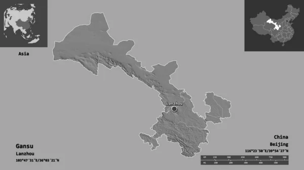 甘粛省 中国の州とその首都の形状 距離スケール プレビューおよびラベル 標高マップ 3Dレンダリング — ストック写真