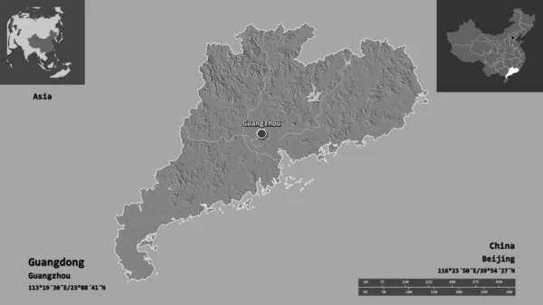 広東省 中国の州とその首都の形状 距離スケール プレビューおよびラベル 標高マップ 3Dレンダリング — ストック写真