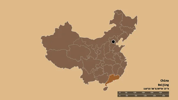 主要な地域部門と分離広東地域と中国の荒廃した形 ラベル パターン化されたテクスチャの構成 3Dレンダリング — ストック写真