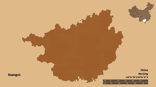 广西的形成 是中国的一个自治区 它的首都在坚实的背景下与世隔绝 距离尺度 区域预览和标签 图形纹理的组成 3D渲染 — 图库照片