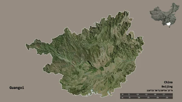 中国の自治区 広西チワン族自治区の形状は その資本をしっかりとした背景に隔離された 距離スケール リージョンプレビュー およびラベル 衛星画像 3Dレンダリング — ストック写真