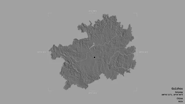 贵州的一个地区 中国的省份 孤立在一个坚实的背景在一个地理参考的包围盒 Bilevel高程图 3D渲染 — 图库照片