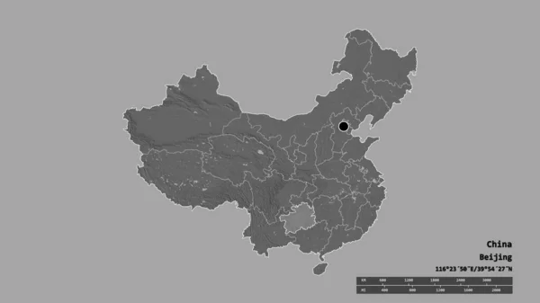 中国的经济形貌以首都 主要地域区划和分离的贵州地区为特征 Bilevel高程图 3D渲染 — 图库照片