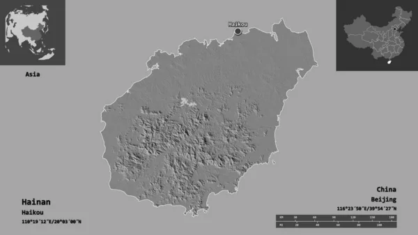 海南省 中国の州とその首都の形状 距離スケール プレビューおよびラベル 標高マップ 3Dレンダリング — ストック写真