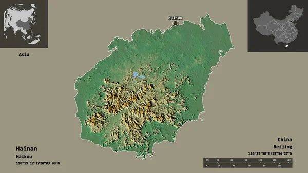 海南的形状 中国的省 及其首都 距离刻度 预览和标签 地形浮雕图 3D渲染 — 图库照片