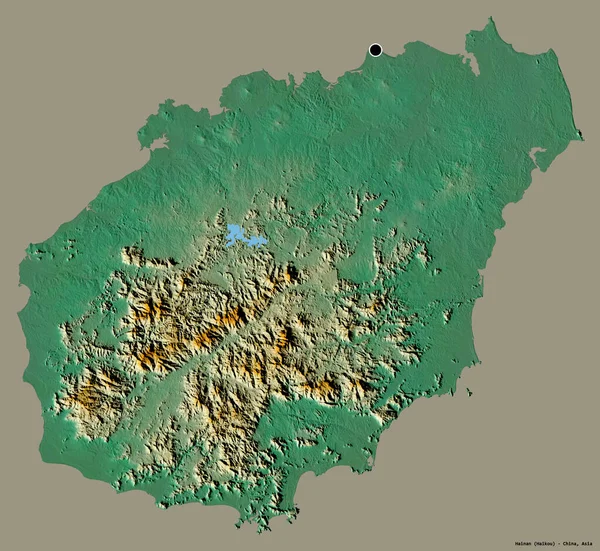 中国の省海南省の形状は その資本金は 固体の色の背景に隔離されました 地形図 3Dレンダリング — ストック写真