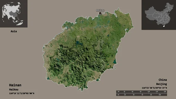 海南省 中国の州とその首都の形状 距離スケール プレビューおよびラベル 衛星画像 3Dレンダリング — ストック写真