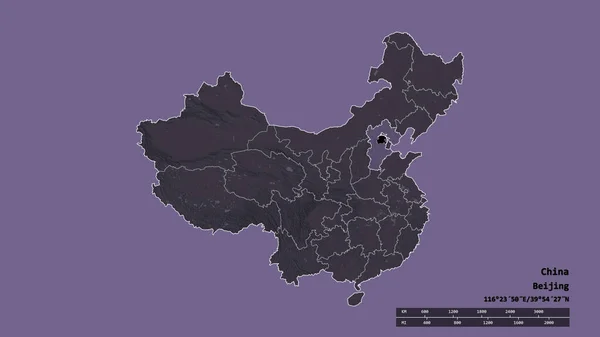 主要な地域部門と分離河北地域と中国の荒廃した形 ラベル 色の標高マップ 3Dレンダリング — ストック写真