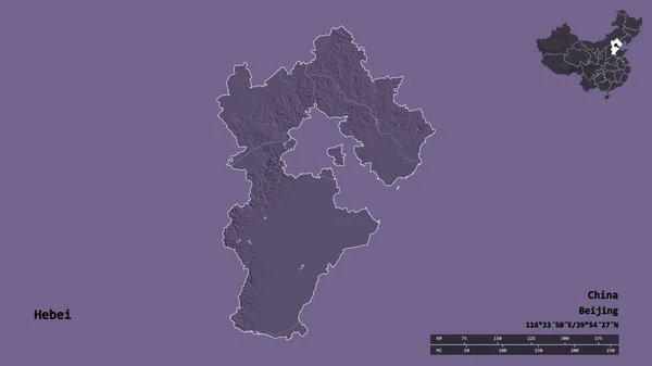 河北省的形状 其首都在坚实的背景下与世隔绝 距离尺度 区域预览和标签 彩色高程图 3D渲染 — 图库照片