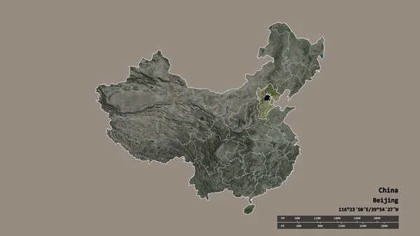 主要な地域部門と分離河北地域と中国の荒廃した形 ラベル 衛星画像 3Dレンダリング — ストック写真