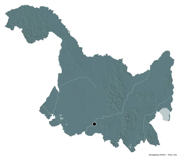 中国黑龙江省的形状 其首都被白色背景隔离 彩色高程图 3D渲染 — 图库照片