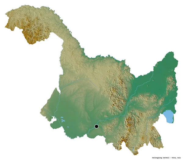 中国黑龙江省的形状 其首都被白色背景隔离 地形浮雕图 3D渲染 — 图库照片