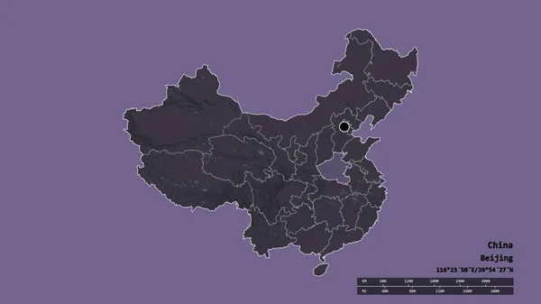 主要な地域部門と分離河南地域と中国の荒廃した形 ラベル 色の標高マップ 3Dレンダリング — ストック写真