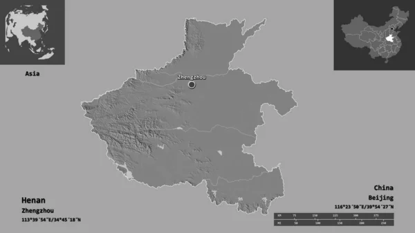 河南省 中国の州とその首都の形状 距離スケール プレビューおよびラベル 標高マップ 3Dレンダリング — ストック写真