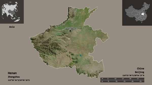 河南省 中国の州とその首都の形状 距離スケール プレビューおよびラベル 衛星画像 3Dレンダリング — ストック写真