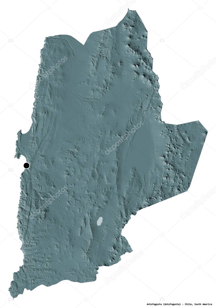 Shape of Antofagasta, region of Chile, with its capital isolated on white background. Colored elevation map. 3D rendering
