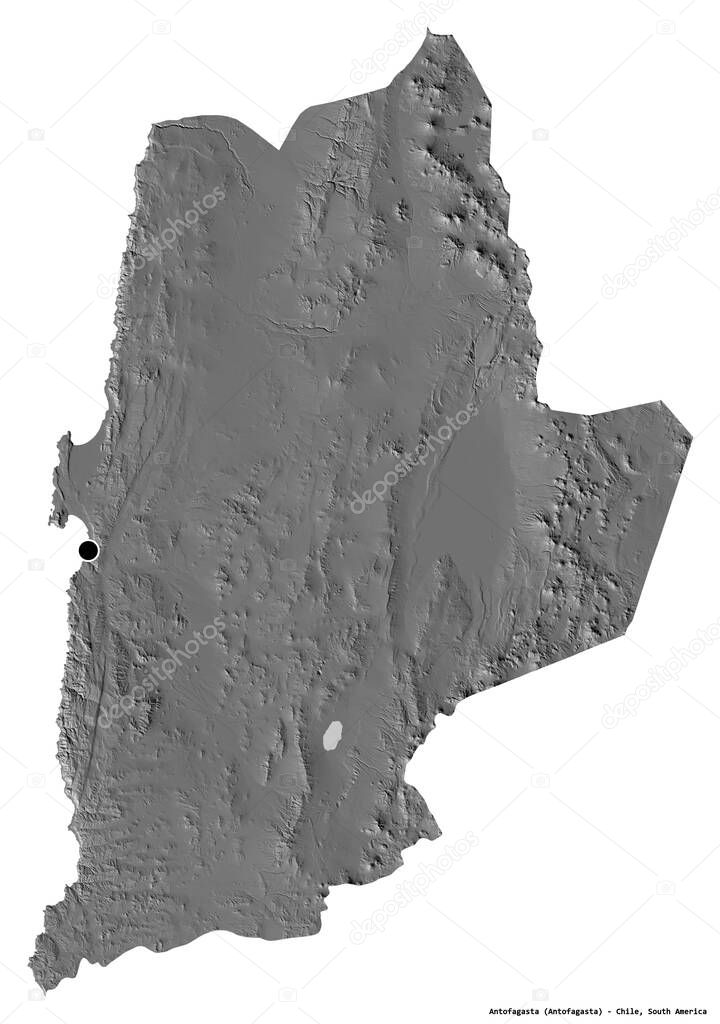 Shape of Antofagasta, region of Chile, with its capital isolated on white background. Bilevel elevation map. 3D rendering