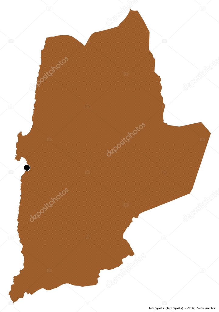 Shape of Antofagasta, region of Chile, with its capital isolated on white background. Composition of patterned textures. 3D rendering