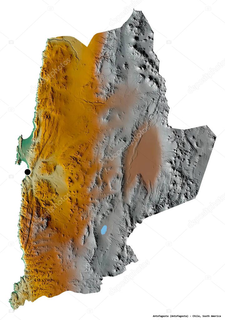 Shape of Antofagasta, region of Chile, with its capital isolated on white background. Topographic relief map. 3D rendering