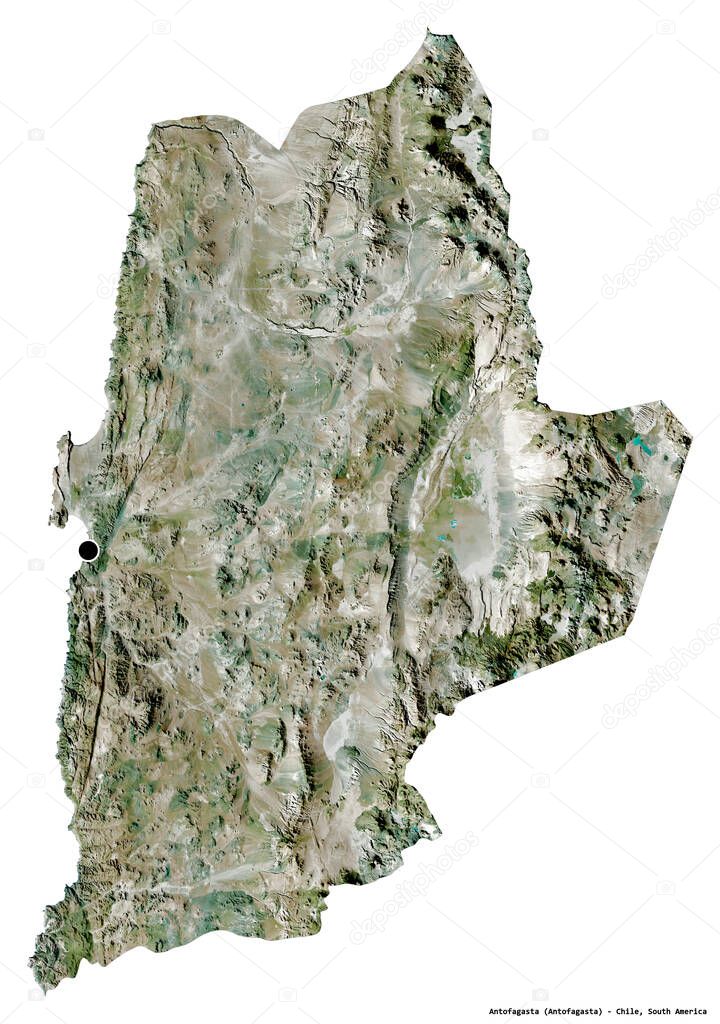 Shape of Antofagasta, region of Chile, with its capital isolated on white background. Satellite imagery. 3D rendering