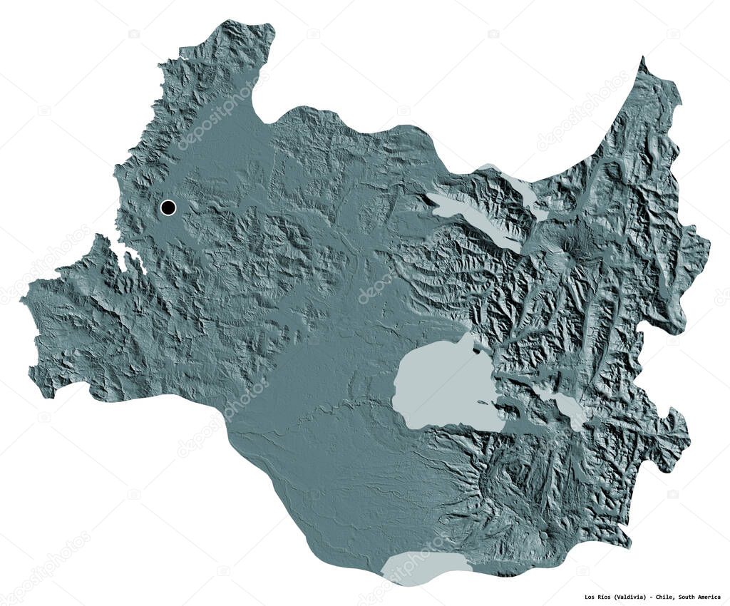 Shape of Los Rios, region of Chile, with its capital isolated on white background. Colored elevation map. 3D rendering